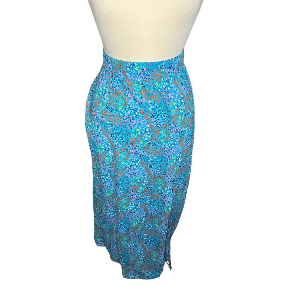 Lands End Blue Pink Bright Floral MIDI Elastic Waist Skirt Plus Size